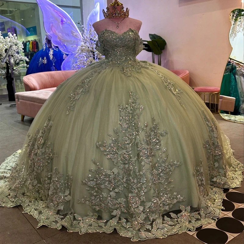 Sage Green Shiny Quinceanera Dresses