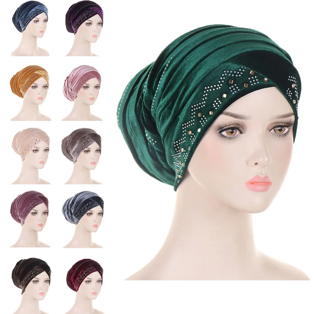 

Velvet Turban Women Casual Headwrap African Style Diamonds Middle Eastern Muslim Hair Accessories Fashion Solid Summer Headband