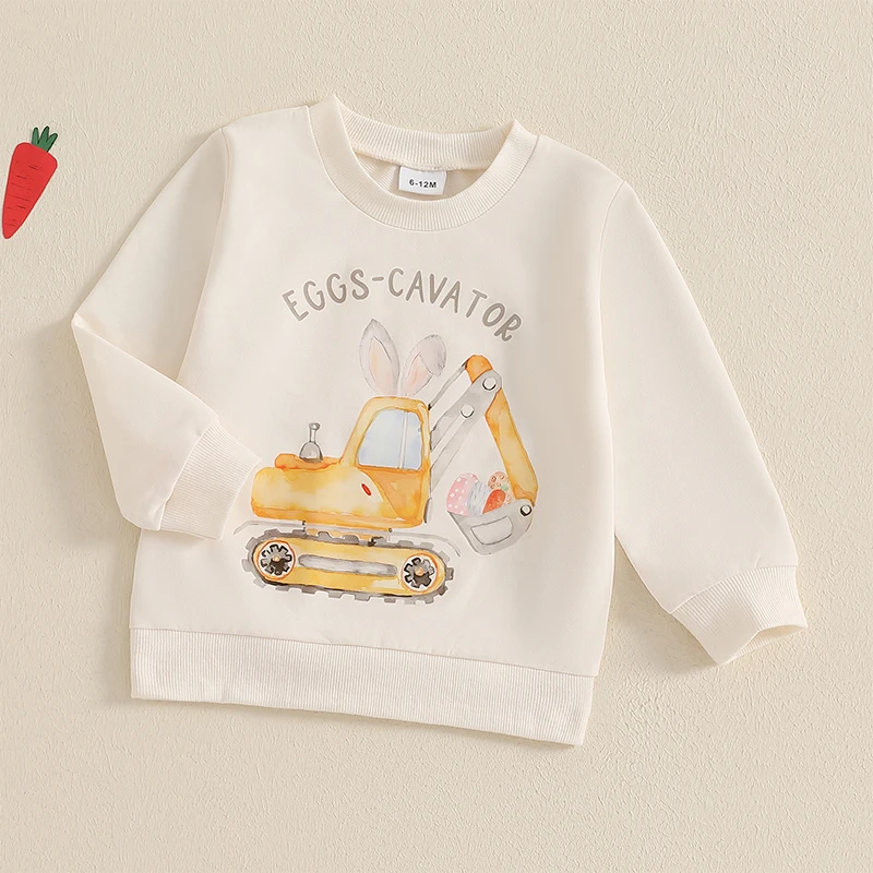 Little Boys Easter Sweatshirts Long Sleeve Round Neck Bunny Excavator Print Pullover