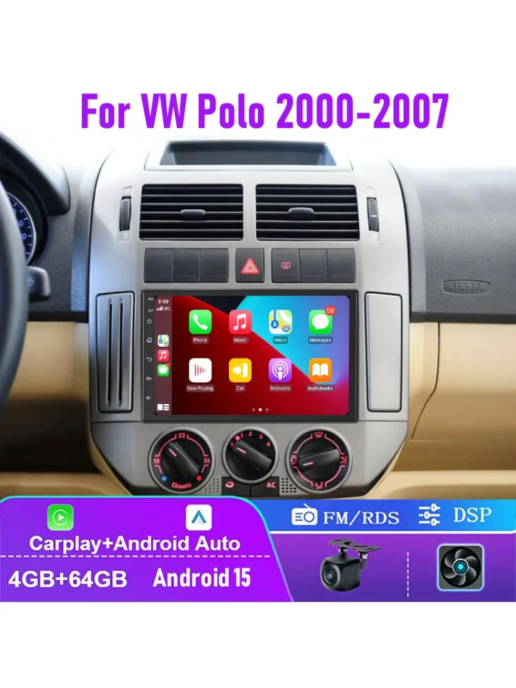 7 "4 + 64 GB Voor VW Polo MK4 2000-2007 Autoradio 2DIN Draadloze Carplay Android 15 Auto Head Unit Plug & Play - afbeelding 2
