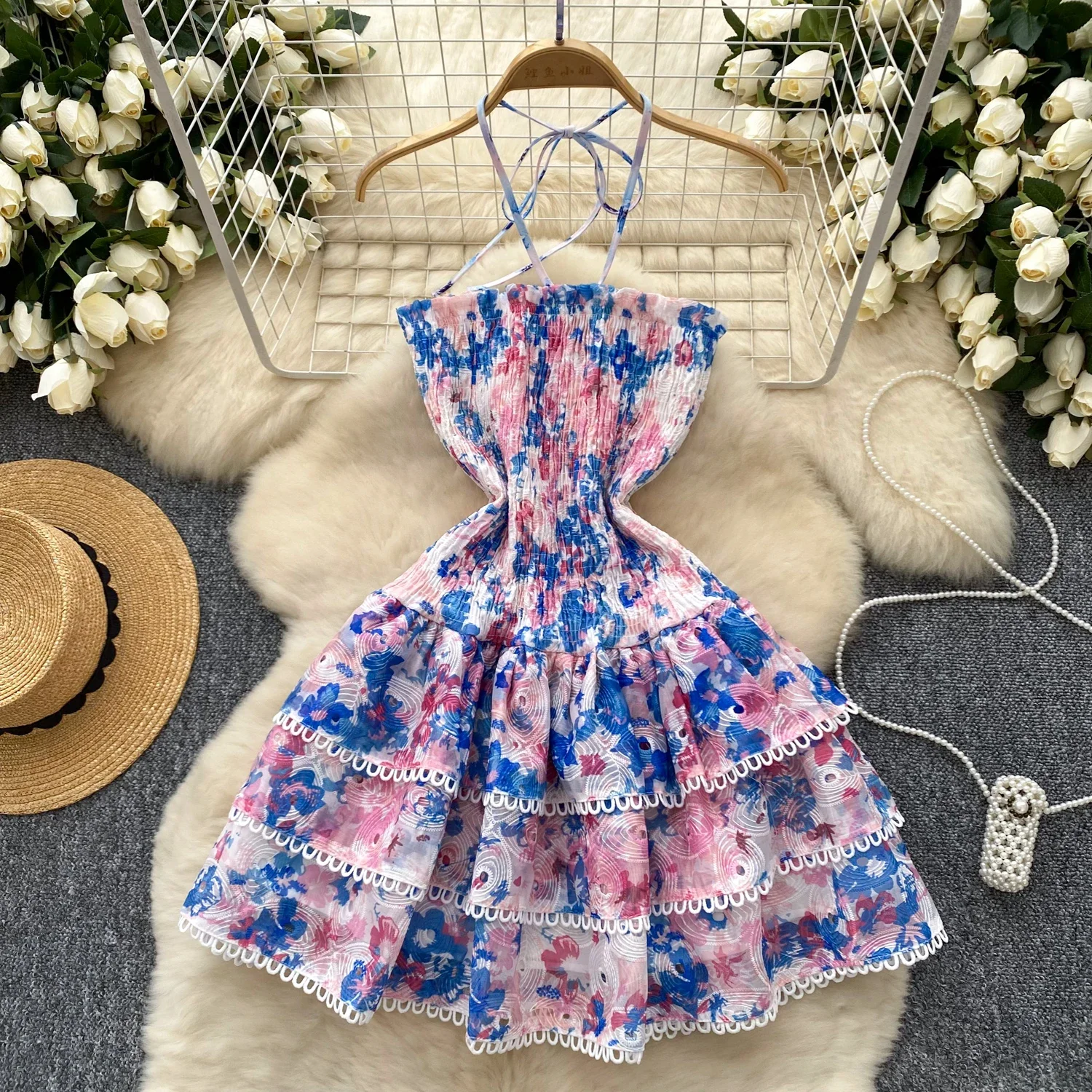 

Chic Halter Elegant Korean Sexy Strapless Dress Vintage Hollow Out Embroidered High Street Hotsweet Ruffle Women Clothing