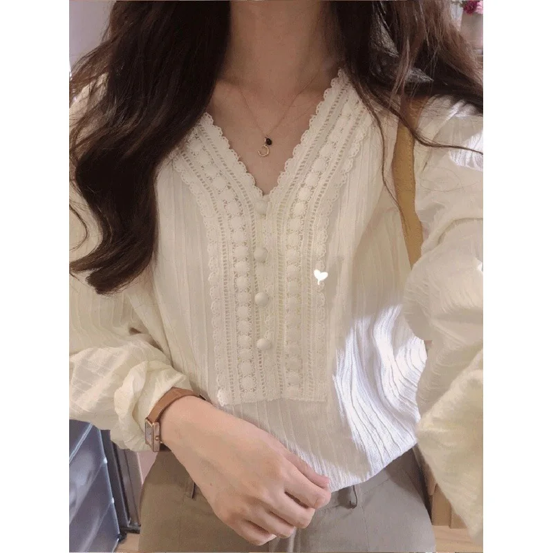 Chinese Style Chic 2024 Spring Autumn New Solid Shirts Women's Patchwork Lace Jacquard Weave V-neck Long Sleeve Blouse Thin Tops