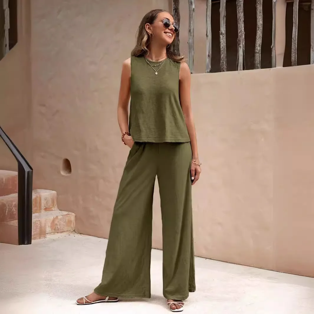 Cotton And Linen Sleeveless Suit For Women Summer O-neck Tank Top & Wide-leg Pants Two Piece Set New Solid Casual Loose Sets