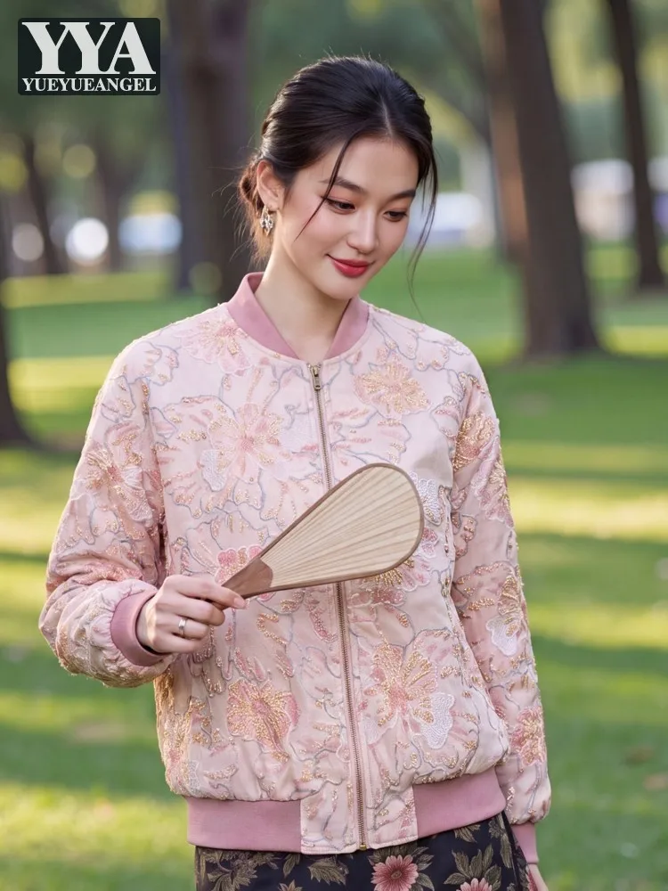 Fashion Office Women Pink Vintage Embroidery Beading Jacket Autumn Elegant Ladies Long Sleeve Zipper Chinese Style Designer Coat