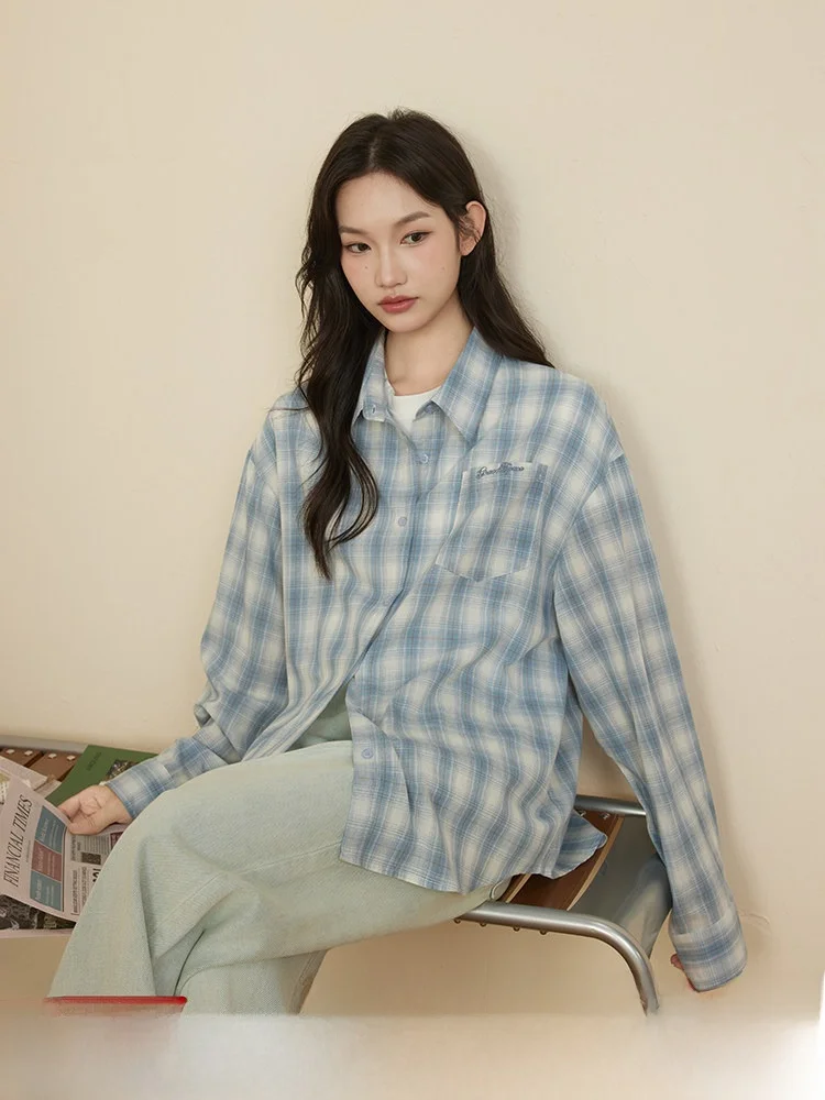 

Blue Plaid Loose Casual irt Women's Spring Autumn Assorted Space Original Field Jaet Breathable Pure Cotton Long Sve P...