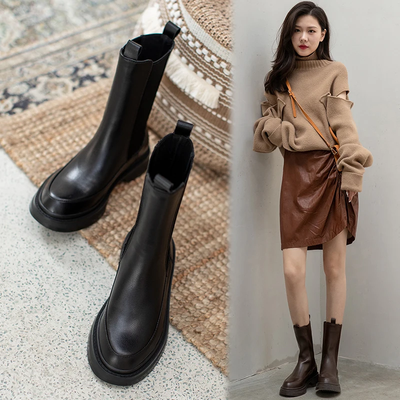 New Winter Boots Women Cow Leather Round Toe Platform Boots Solid Flat Mid-calf Modern Boots for Women Slip-on Short Boots Women