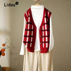 Women Vintage Plaid Patchwork Single Breasted Knitted Cardigan Trendy V Neck Sleeveless Sweater Vest Y2K Female Loose Waistcoat