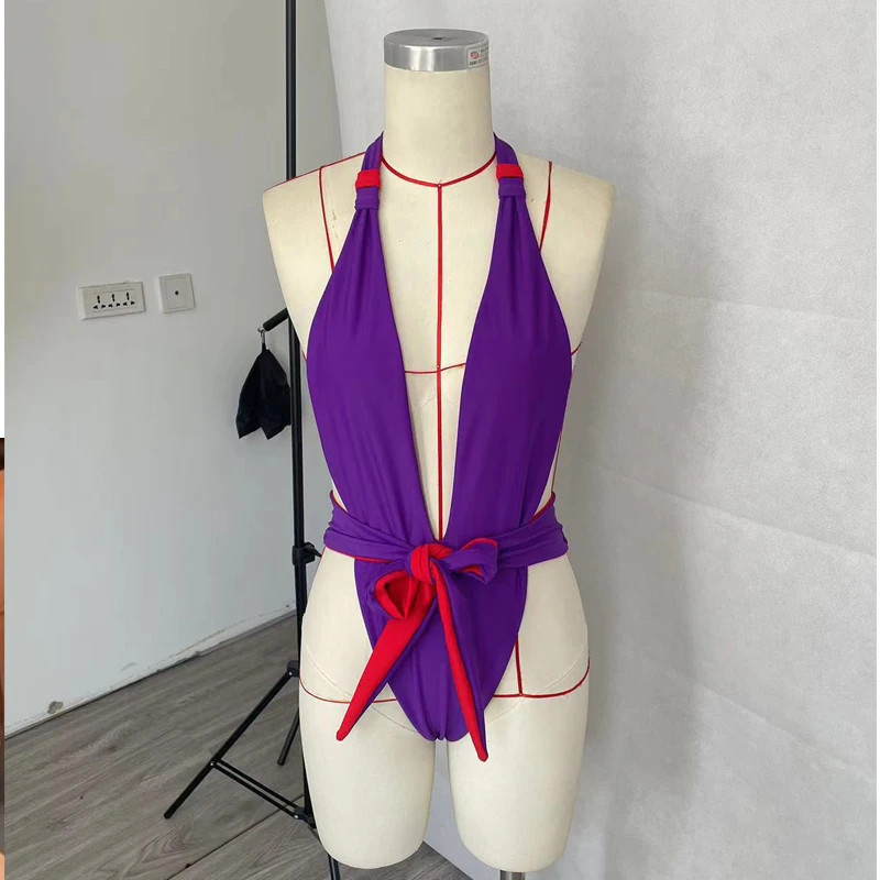 BEACHCICI Bikini de una pieza para mujer, traje de baño Sexy de Color contrastante con cuello Halter y cordones, Espalda descubierta, atado, playa,