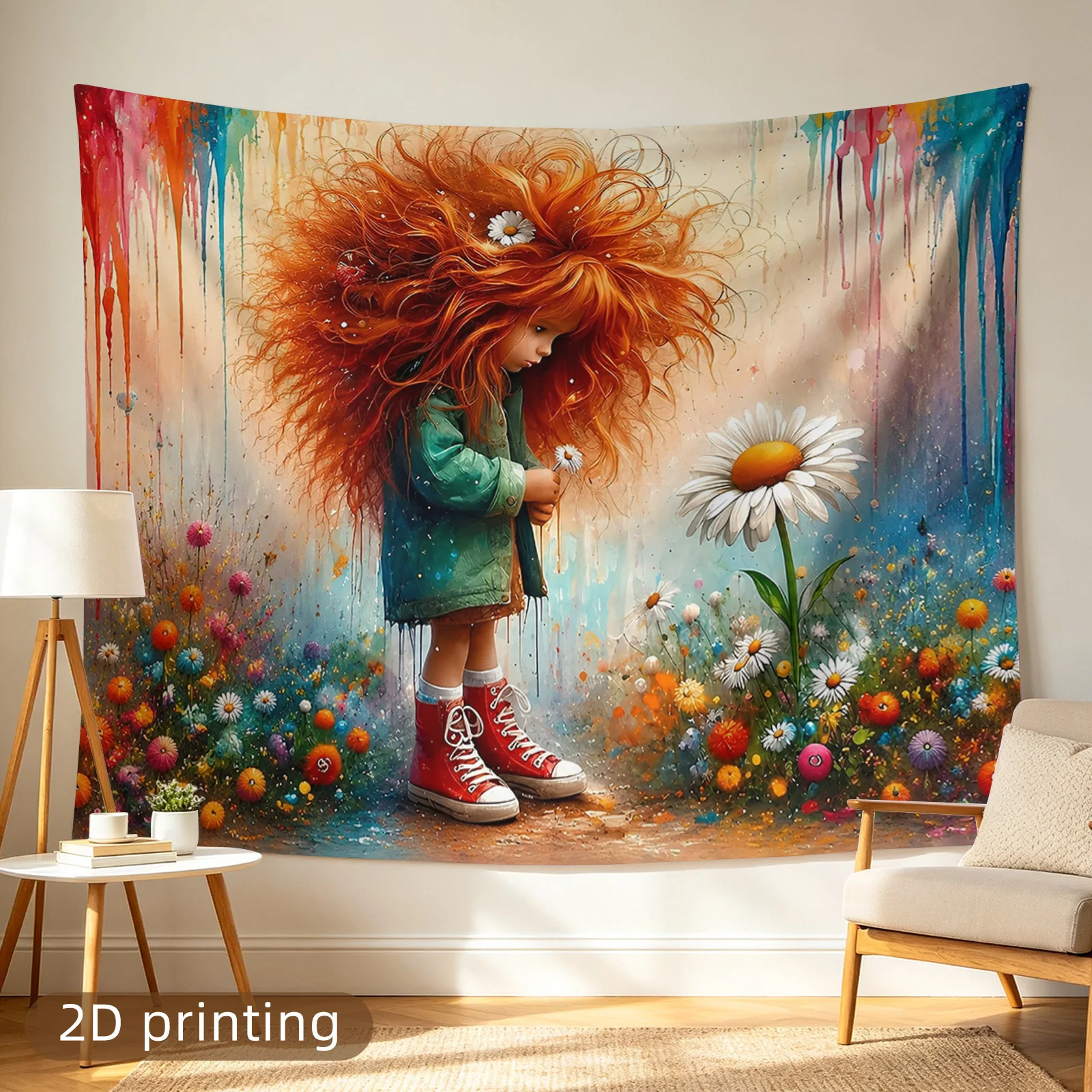 Vibrant Boho Tapestry Wall Hanging Floral Fantasy Child Art Polyester Print Whimsical Bohemian Nursery Decor Wall Art Decoration