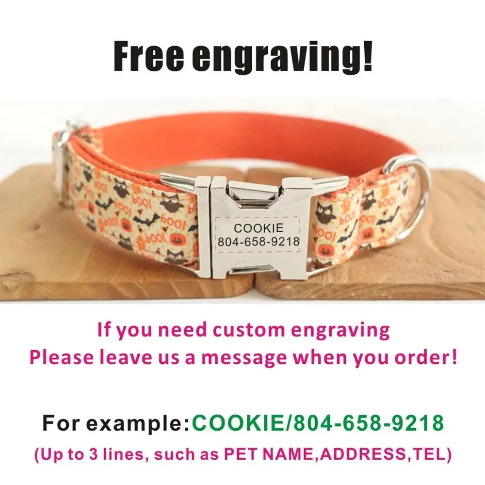 Personalized Pet Collar Free Engraving Custom Puppy Nameplate ID Tag Adjustable Buckle Bat Holloween Collars Leash