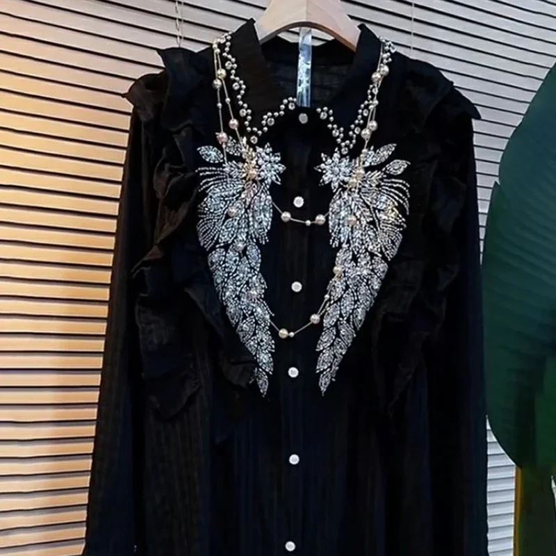 Spring Autumn Floral Lace Embroidery Diamonds Beaded Shirt Flowers Rhinestones Sequined Blouses Pearls Beaded Cardigan Crop Tops