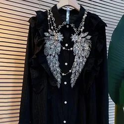 Spring Autumn Floral Lace Embroidery Diamonds Beaded Shirt Flowers Rhinestones Sequined Blouses Pearls Beaded Cardigan Crop Tops