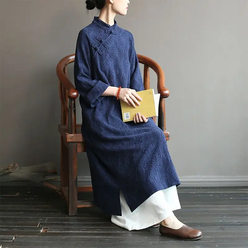 

2024 retro button cotton linen dress casual long dress chinese retro qipao dress lady elegant long graceful cheongsam dress