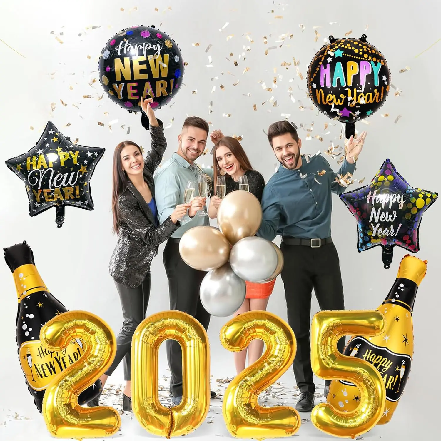 10Pcs 2025 Black Gold Happy New Year Balloon Set  New Year's Eve Party Atmosphere Decoration  Wine Bottle Aluminum  ballons