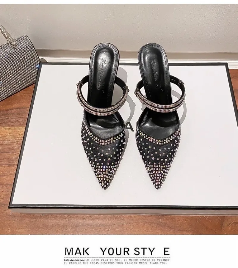 Female Baotou Sandals Thin Heel Slippers Outside Wearing Small Size Pointed High Heels Rhinestone Mesh Sexy