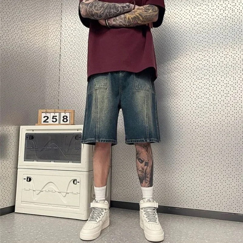 

Short Jeans Pants for Men Long Bermuda Loose Man Denim Shorts Wide Half Baggy with Pockets Stretch Jorts Xxxl Korean Fashion Y2k