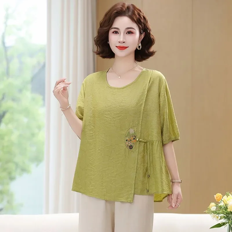 

Women's Plus Size Linen Cotton T-Shirt New Chinese Style Embroidered Short Sleeve Summer Top