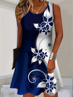 2025 Summer New Women's Sleeveless Dresses Knee Round Neck Dresses Beach Vacation Casual Dresses Floral Printed Women's Dresses