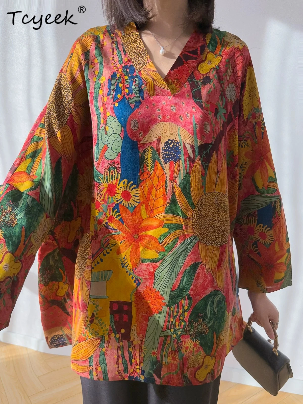 Tcyeek 100% Real Silk Women T Shirt 2026 Spring Autumn Retro Exotic Print Loose Breathable Top Clothing for Female Ropa De Mujer