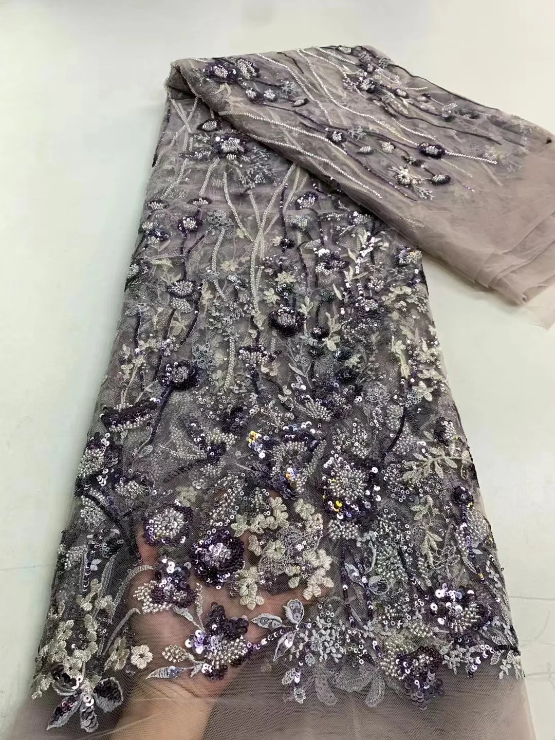 Latest Beads African Lace 2023 High Quality Sequins Nigerian French Tulle Lace Fabric Embroidery For Women Material PL025-1
