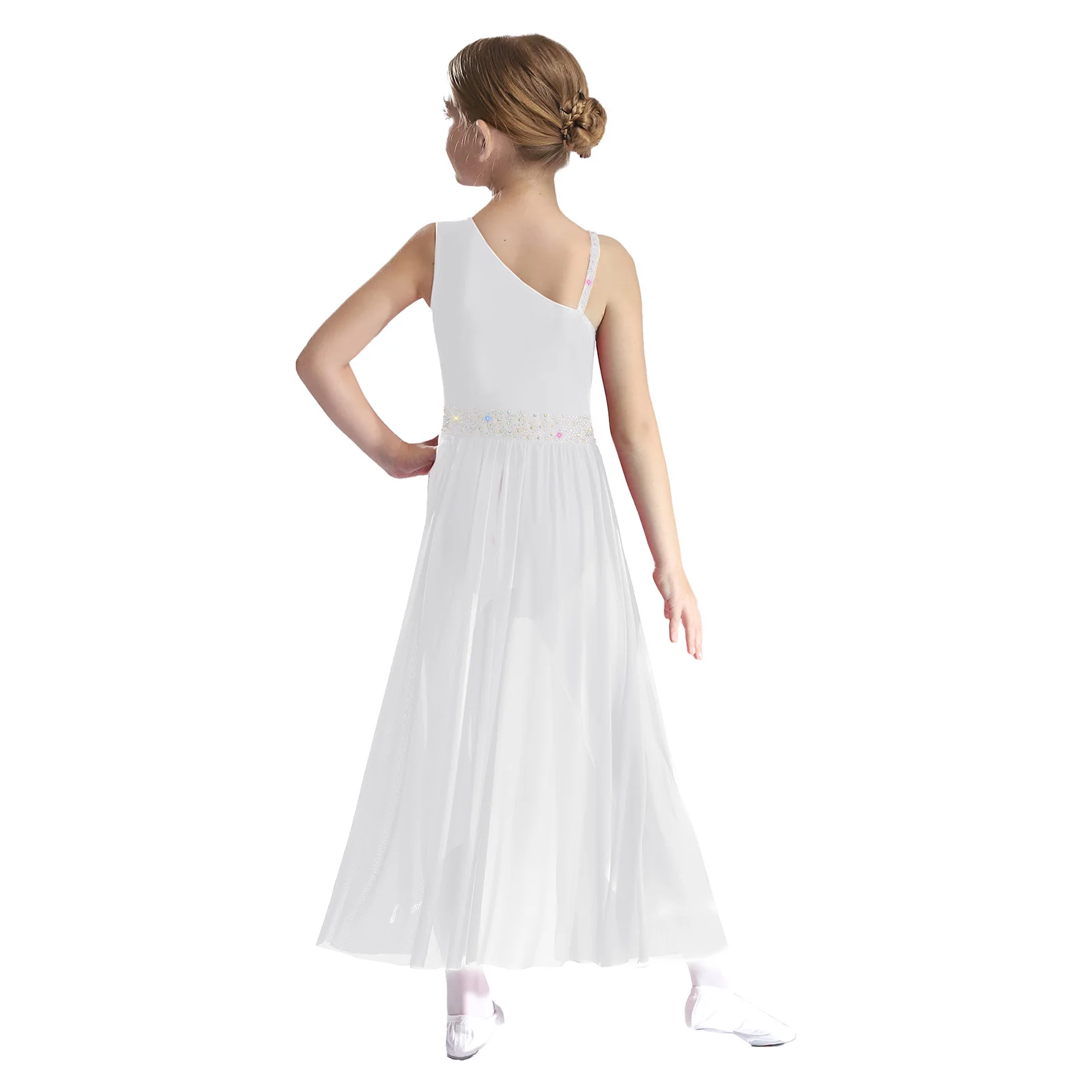 Vestito da ballo lirico moderno per ragazze, monospalla, con strass, diviso, in rete trasparente, per balletto, ginnastica, pattinaggio, body, costume contemporaneo