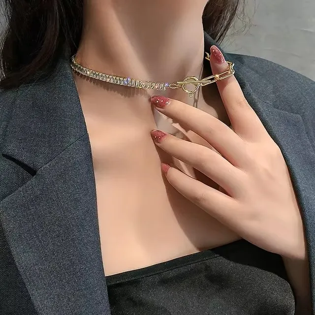 New Hip Hop Iced Out Square Cz Cut Tennis Chain With Gold Silver Color Color Women Charm Choker Necklace Toggle Clasp Jewelry