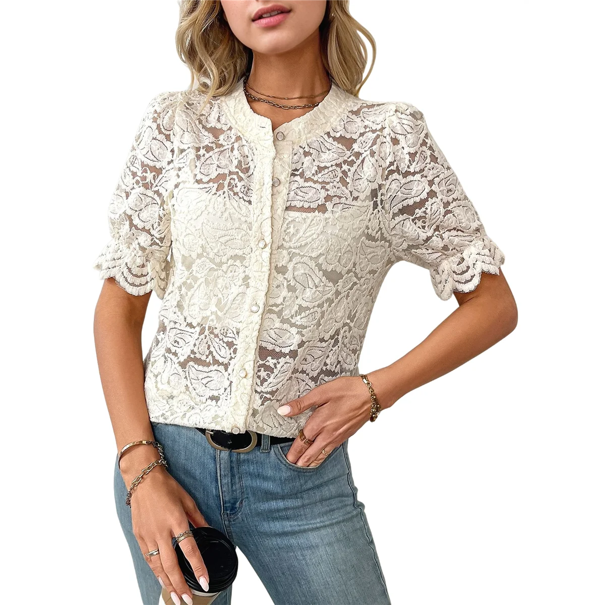 

Womens Lace Short Puff Sleeve Casual Eyelet Crew Neck Button Down Shirts XL