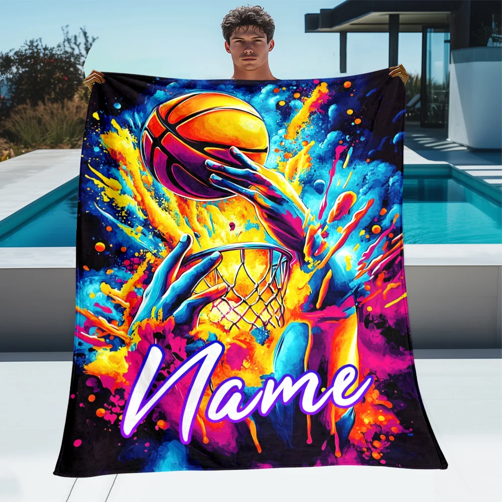 Custom name colourful basketball fleece blanket, suitable for sofa, bed, birthday, children, boys, friends, gifts