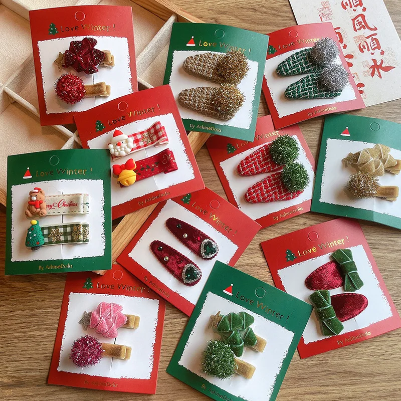 New Christmas Velvet Bow BB Hair Clips Shiny Ball Side Bangs Hairpins 2Pcs/Set Cute Kids Girls Xmas Hair Accessories Headwear