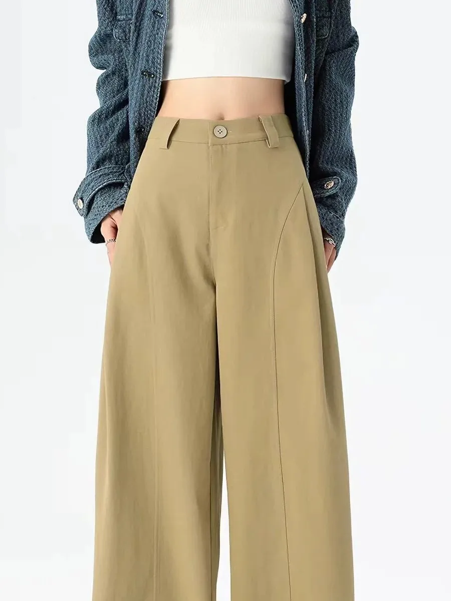 Fashionable Side Pleated Wide Leg Pants Loose Slimming Straight Blade Pants Casual High Waist Button Other Material Women's P...