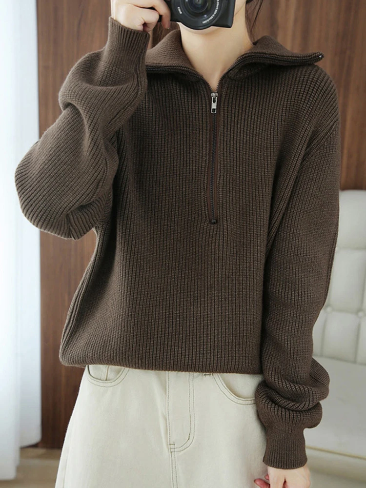 Women Fashion Loose Solid color Asymmetry Knitted Sweaters Vintage Long Sleeve Zip-up Female Pullovers Chic Lapel Tops