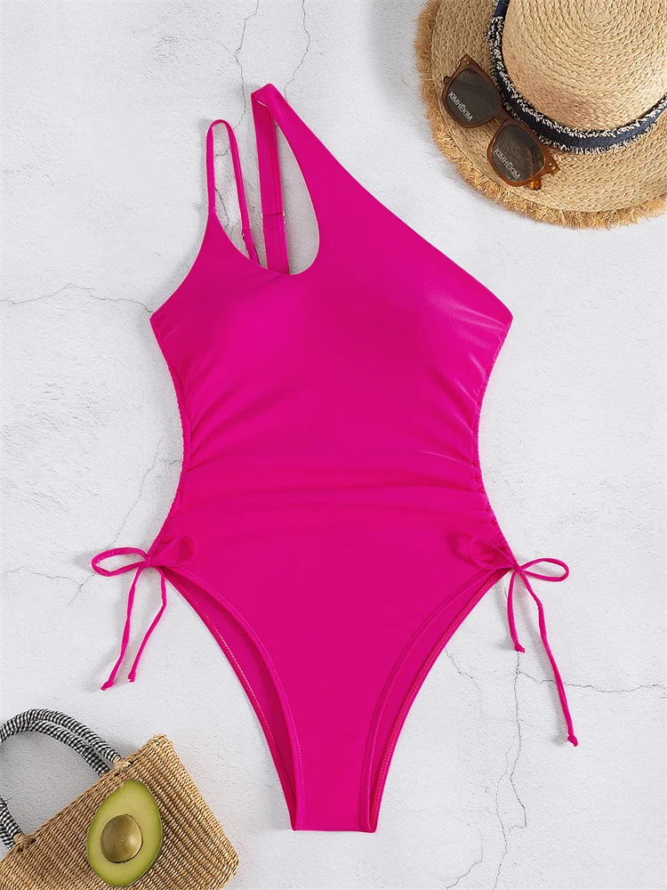 Bañador de una pieza para mujer, traje de baño de un hombro, Monokini Sexy liso, ropa de playa de verano, novedad de 2024