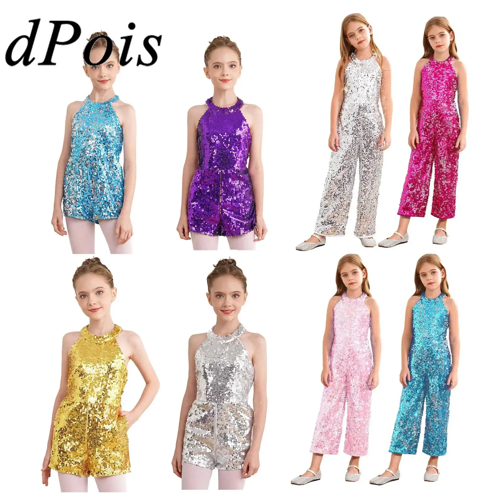 Fashion Girls Shiny Sequins Jumpsuit Kids Halter Neck Sleeveless Unitard for Birthday Party Halloween Modern Jazz Dance Costume