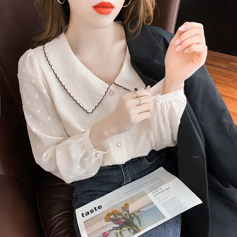 

Shirts Women Chiffon Casual White Peter Pan Collar Elegant Ladies Tops Camisas Mujer 2021 Temperament Ulzzang Colleges Sweet Ins