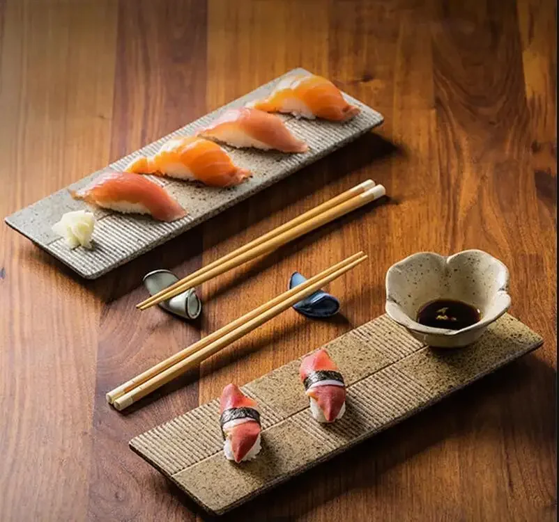 

Прямоугольное блюдо, японская ресторанная кухня, декоративная тарелка, сашими, суши, кухня, керамическая десертная посуда