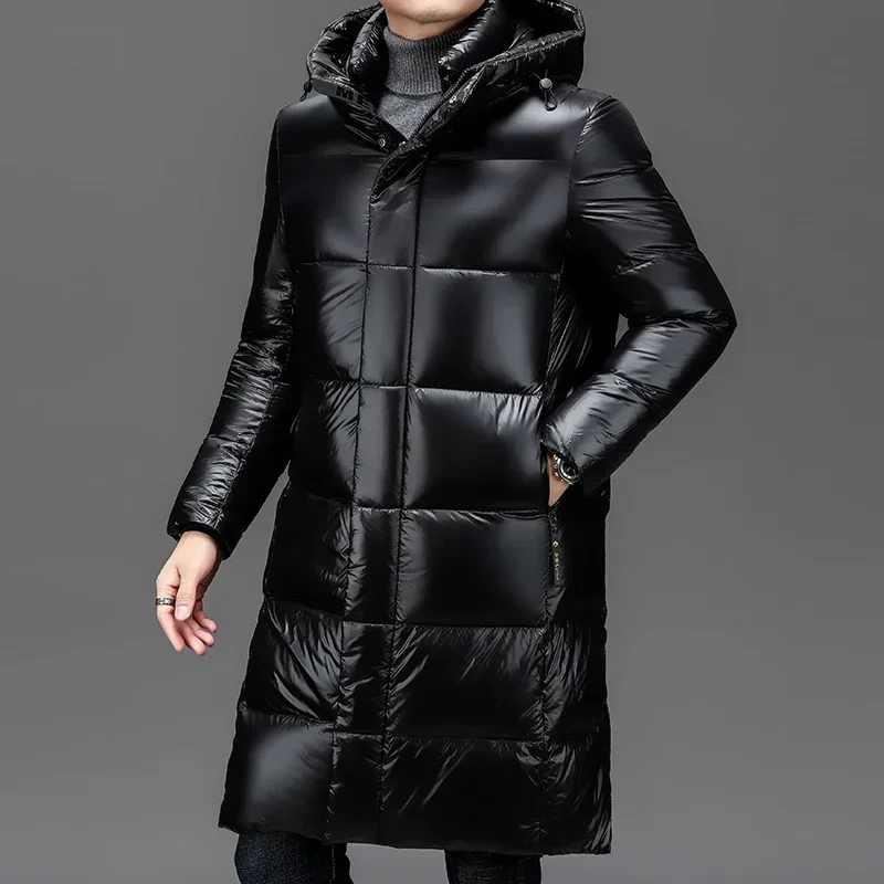 Winter New White Duck Down Thick Black Gold Down Jacket Men's Medium and Long High-end Leisure Warm Hooded Coat Clothing