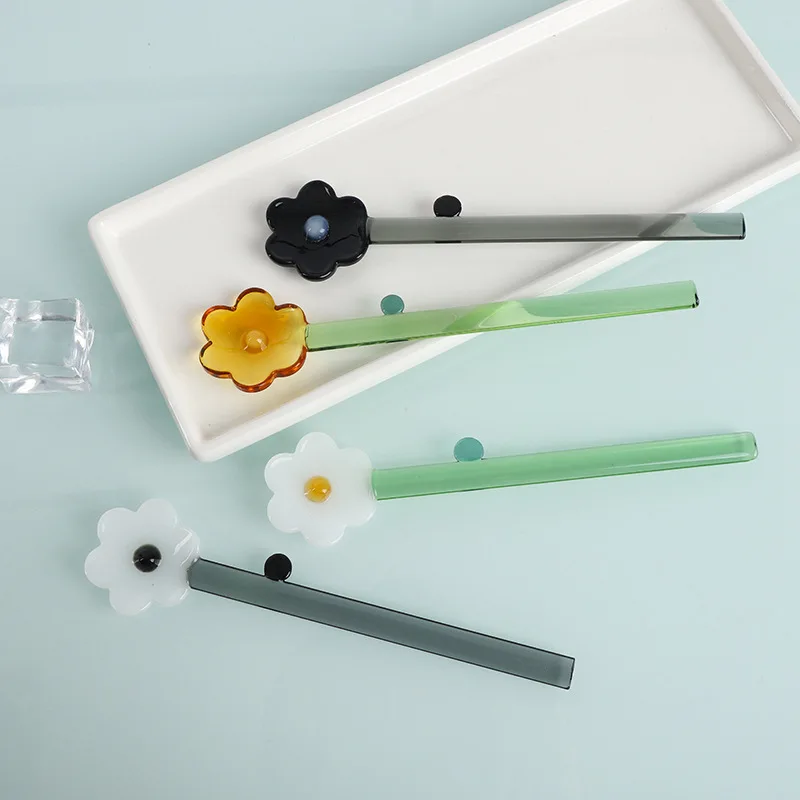 ملعقة زجاجية بمقبض طويل، ملعقة حلوى من الزجاج الشفاف الإبداعي، على شكل زهرة، ملاعق تقليب القهوة الملونة، شريط لاصق