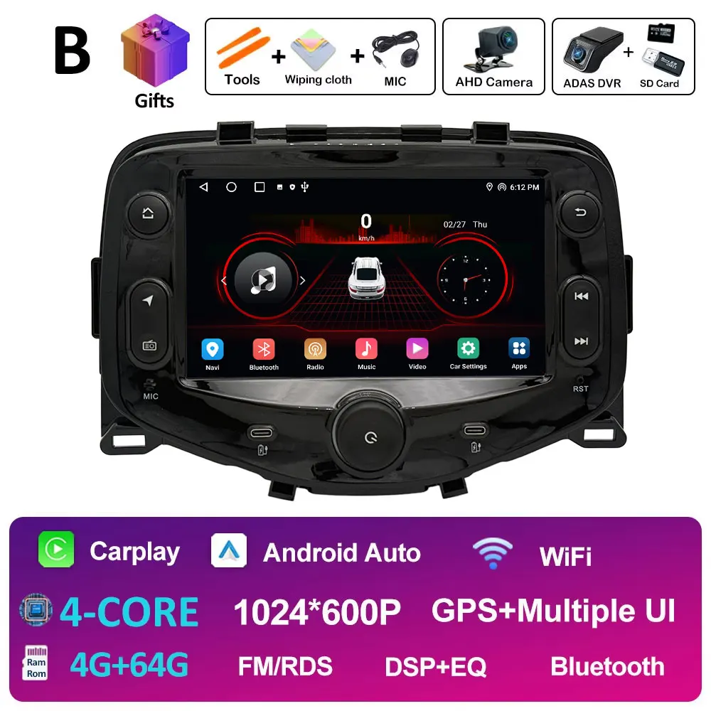 7 "Touchscreen Auto Android 14 voor Toyota Aygo Peugeot 108 Citroen C1 2016 2017-2020 Navigatie GPS DSP Stereo CarPlay Auto