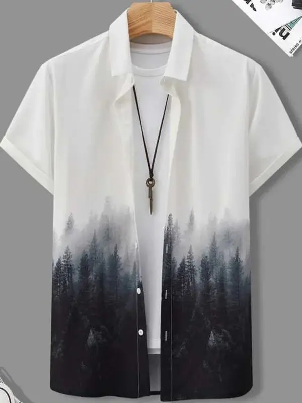 

Loose Men's Printed Ink Painting irt Water-Media Art Casual Summer ort-Sve Collar Button-Up Regular Fit M Top