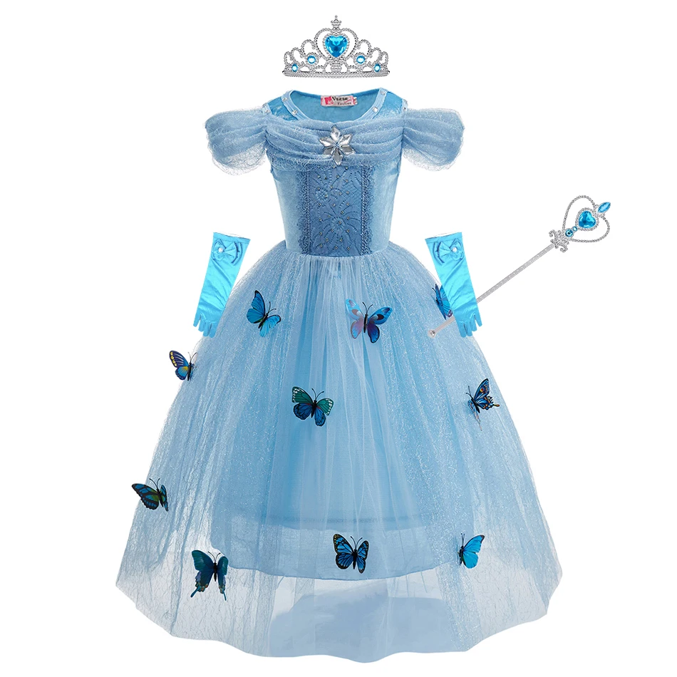 Little Girls Princess Style Cosplay Butterfly Decoration Blue Ball Gown Children Carnival Birthday Party Fancy Performance Dress