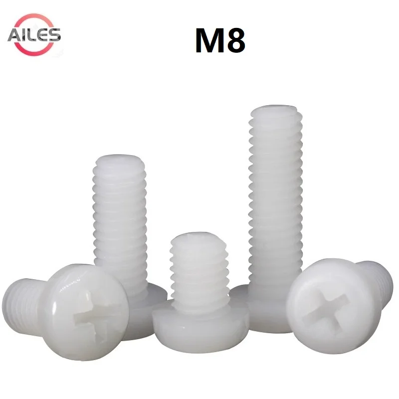 M8 White Nylon Phillips Pan Head Screws 8mm x 10 12 15 18 20 25 30 35 40 50 60mm PA66 Plastic Cross Recessed Round Head Bolts