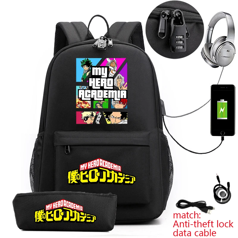 My Hero Academia Anime Backpack Youth Travel Bag Campus Student Schoolbag Pencil Bag Two-piece Set