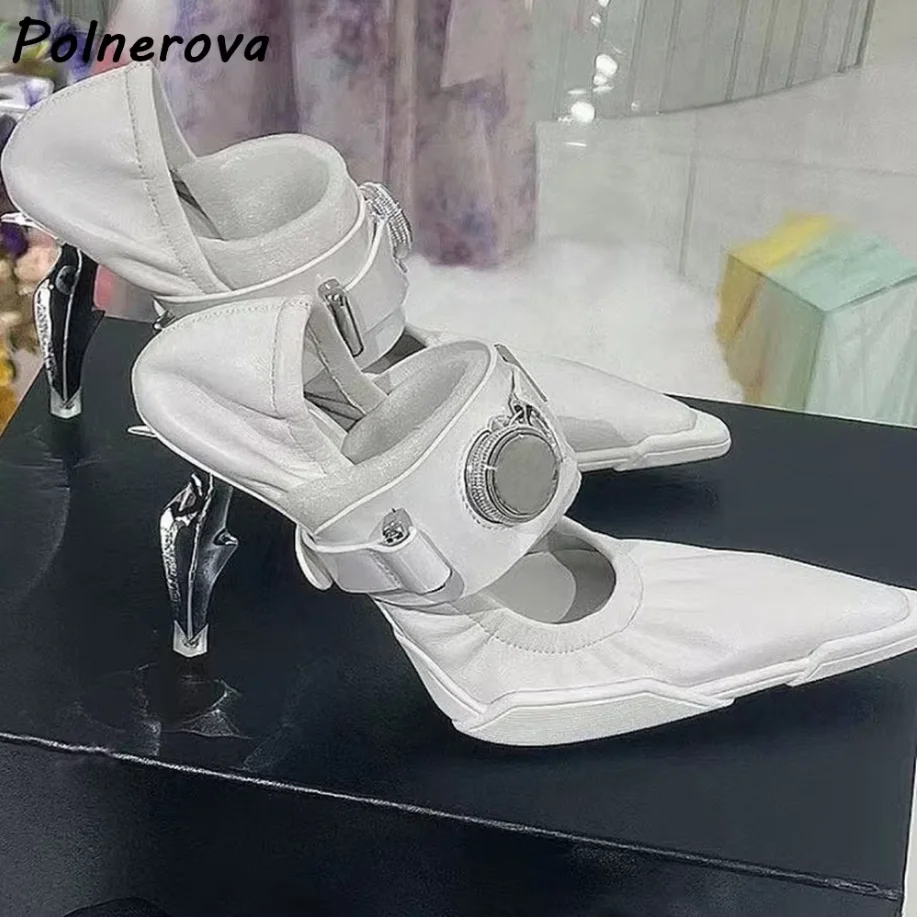 Techwear Metal Buckle Mule Pumps Pointed Toe Stiletto Strange Style Heel Ruched Leather Shoes Futuristic Cyberpunk Slip On Shoes