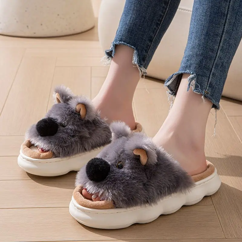 

New fluffy lifelike animal slippers women's autumn home shoes cotton linen breathable slides woman open toe furry slipper unisex