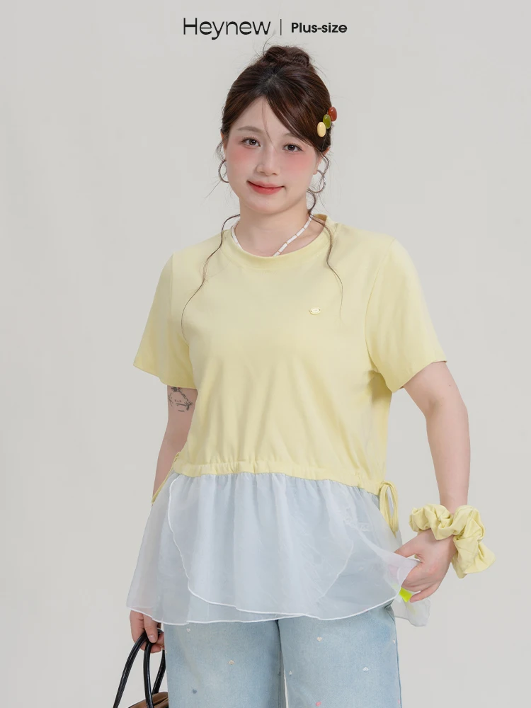 

Heynew plus Size Women's T-irt with Lace Panel And Bow Summer Ballet Sle ort Sve Fake Two-Piece Cotton Blend Top