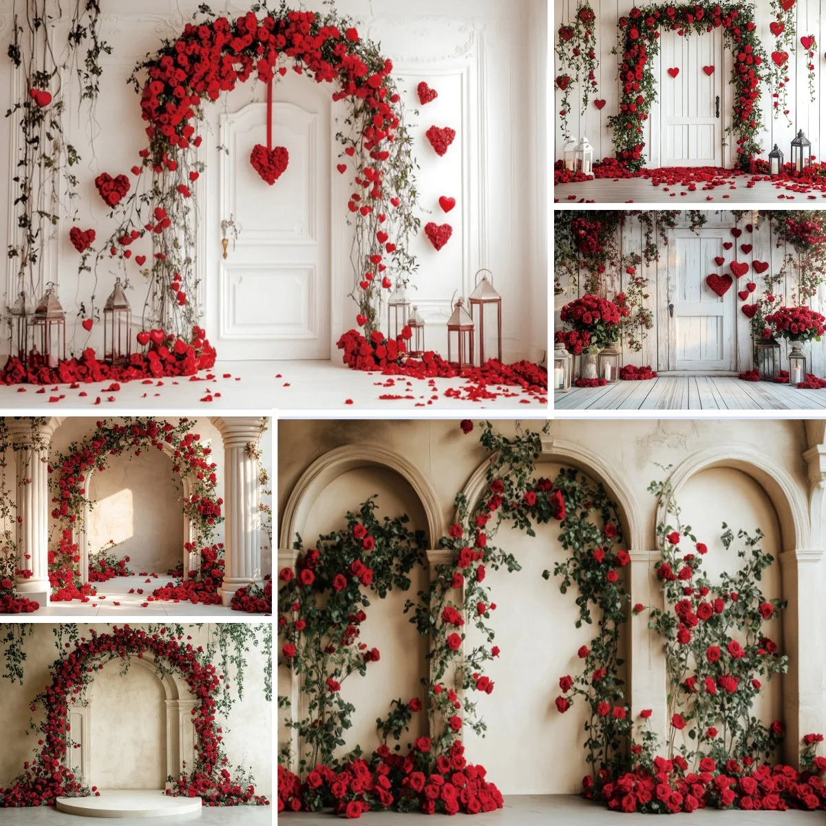 

Valentine's Day Photography Backdrop White Arch Red Roses Love Heart Wedding Party Room Decor Girls Portrait Photo Background
