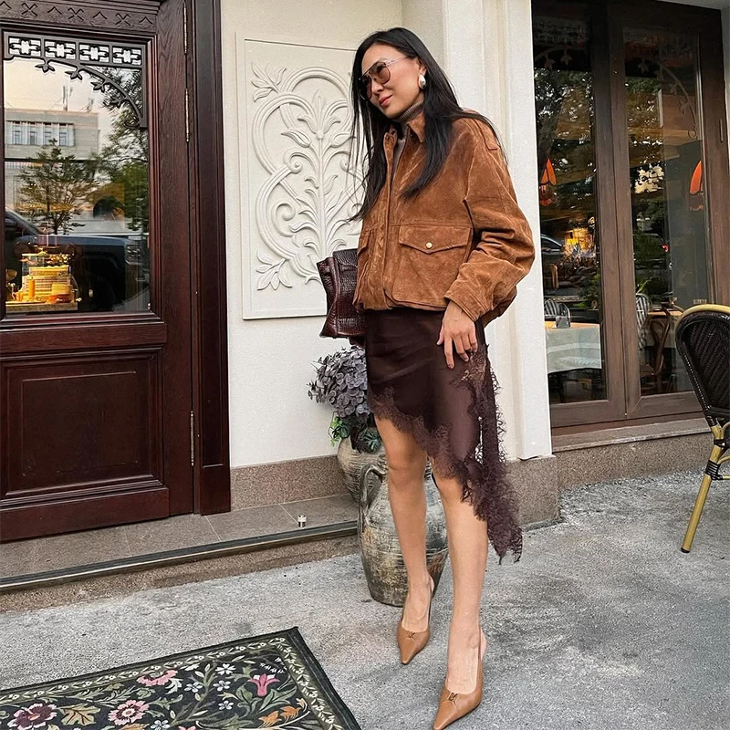 Sólido rendas retalhos midi saia feminina elegante cintura cinched meados de comprimento irregular inferior senhora 2026 festa diária saias de rua novo