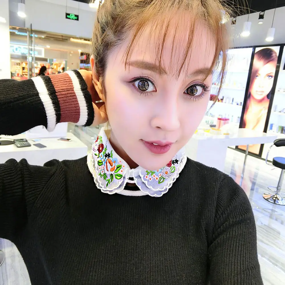Fashion Womens False Collar Floral Embroidery Lace Chiffon Fake Shirt Collar Versatile Decorative Neckwear For Dresses Tops
