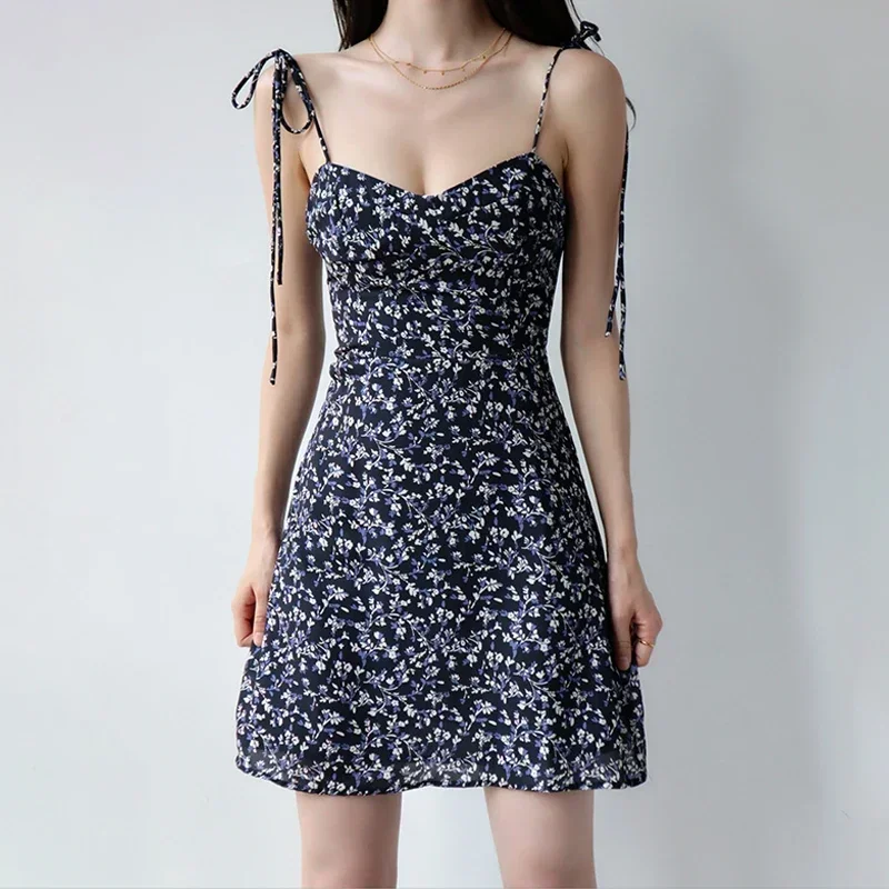 Floral Slip Dress Women Vintage Slim Short Bandage Slim Sleeveless Beach Dress Korean Style Harajuku Summer Kawaii Sexy Dress