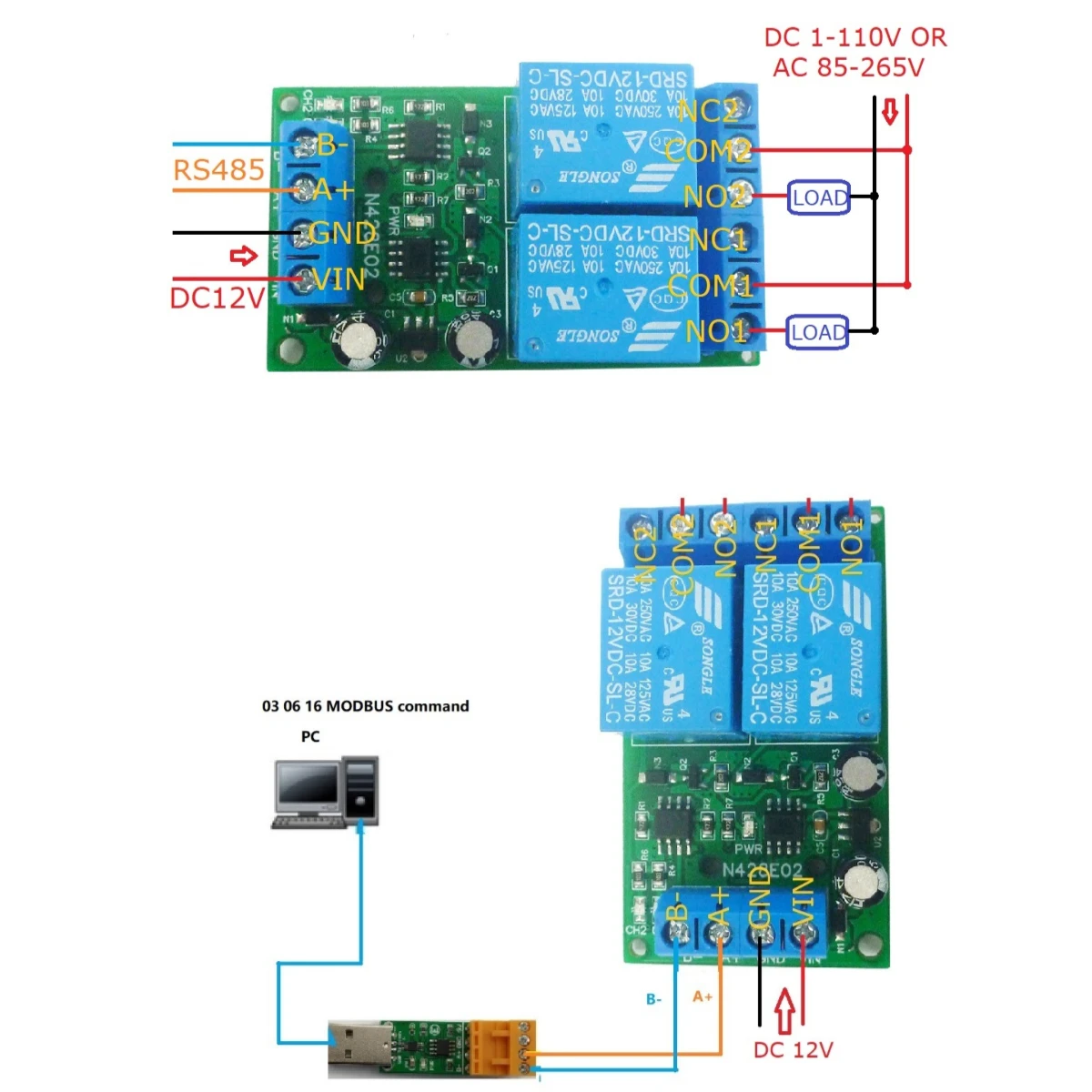 2ch DC 12V RS485 Modbus RTU Relay PC UART Serial Port Switch for Motor PLC Camera Industrial Control System N428E02